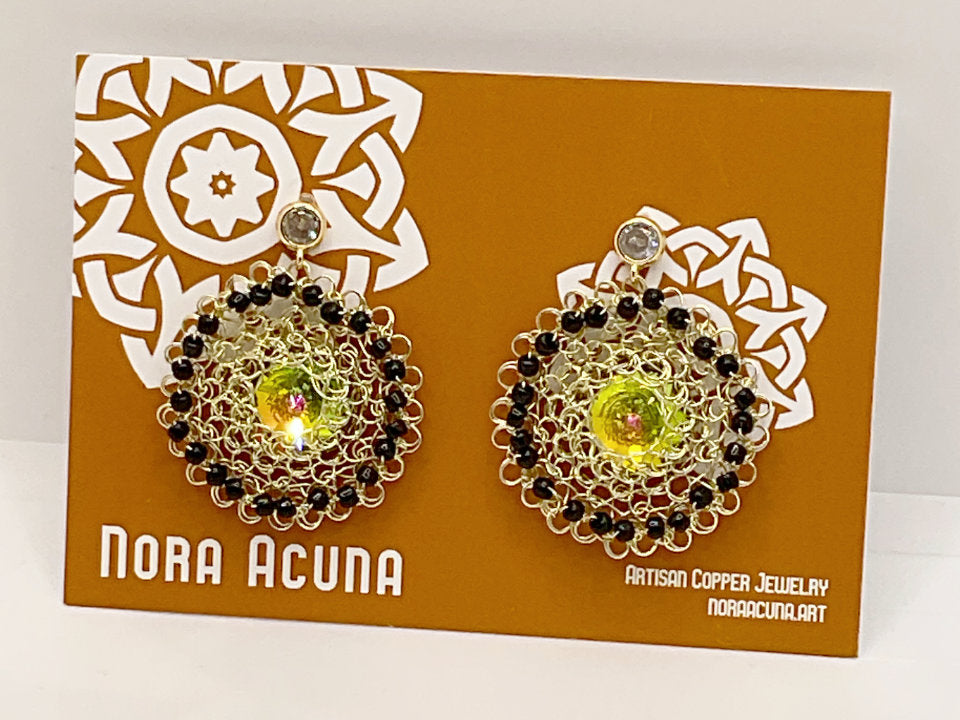 Beaded Copper Earrings "Black & Gold"